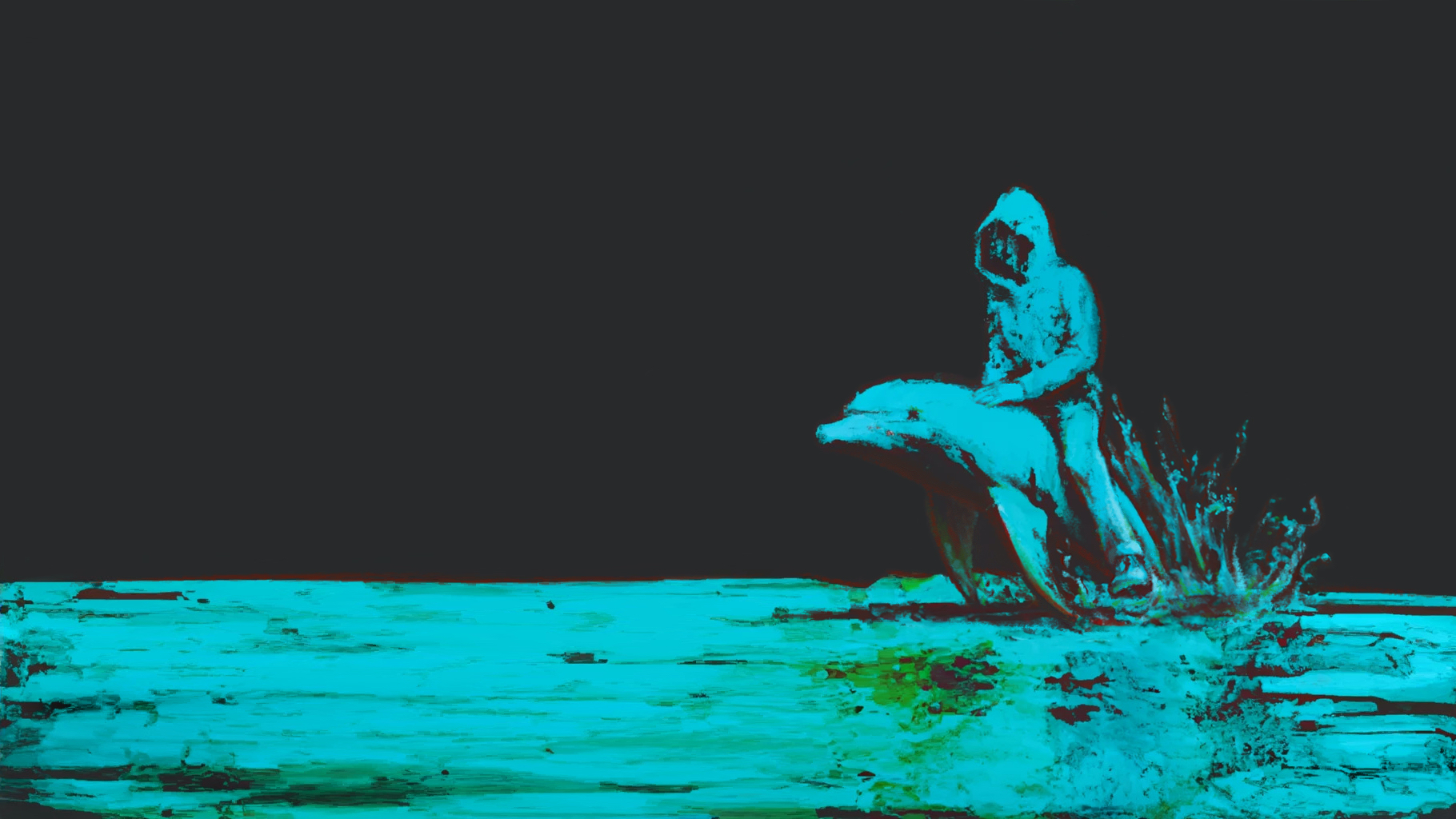 Album artwork for Atlantis depicting a shady, hacker guy riding a dolphin
