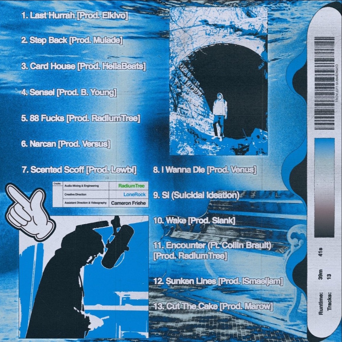 The back album cover of Submerged listing the title of each track. Everything has a blue filter.